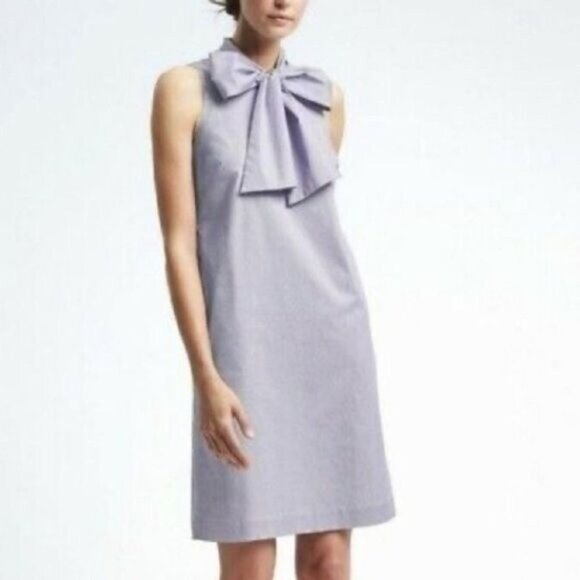 BANANA REPUBLIC | Sleeveless Bow Neck Shift Dress Stripe Blue & White 10 Petite - Picture 1 of 10